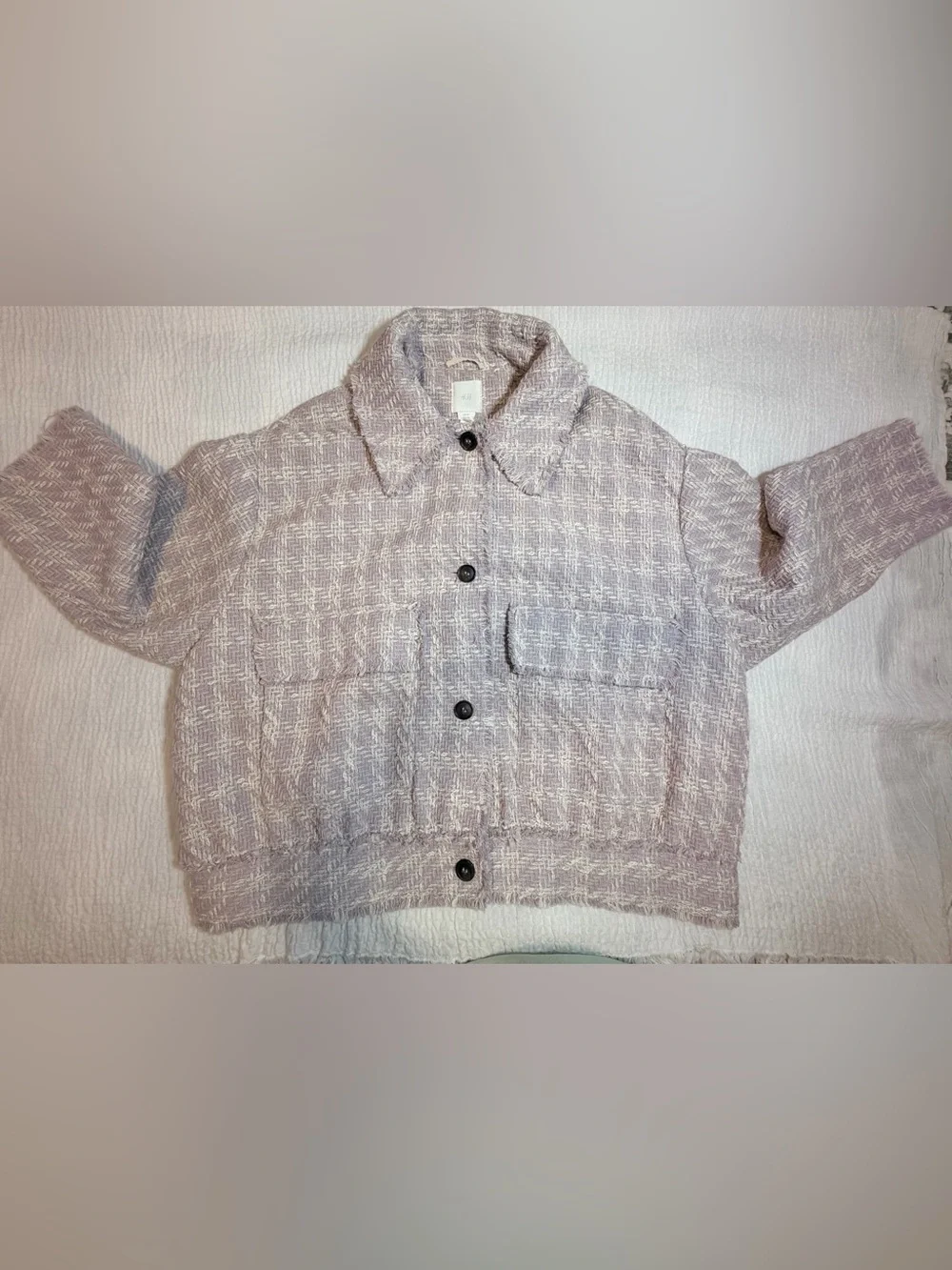 H&M Jacket Mauve Bouclé Fringe Button Front Collared Coatigan - Picture 9 of 14